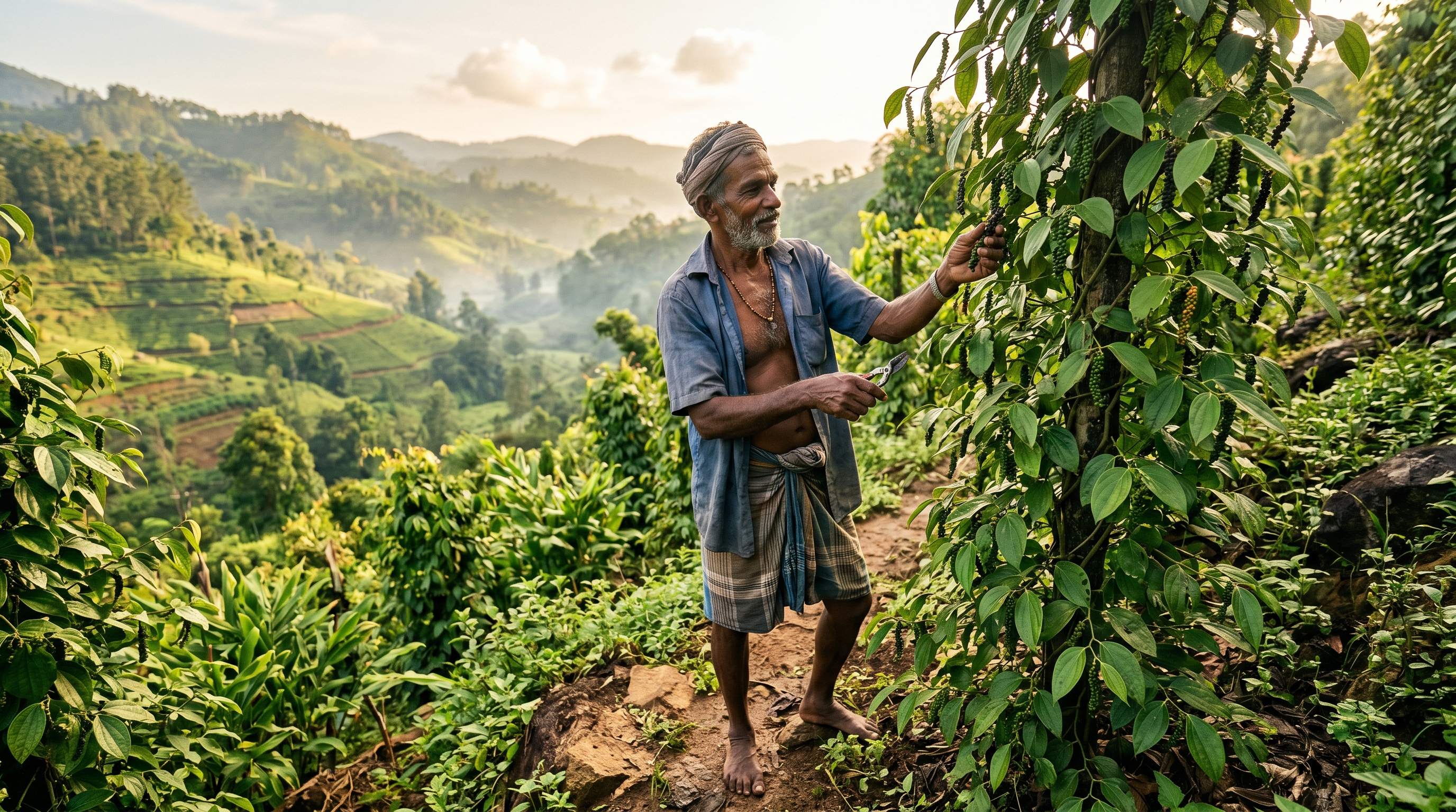 Sri Lankan farmer inspecting a black pepper vine at sunrise