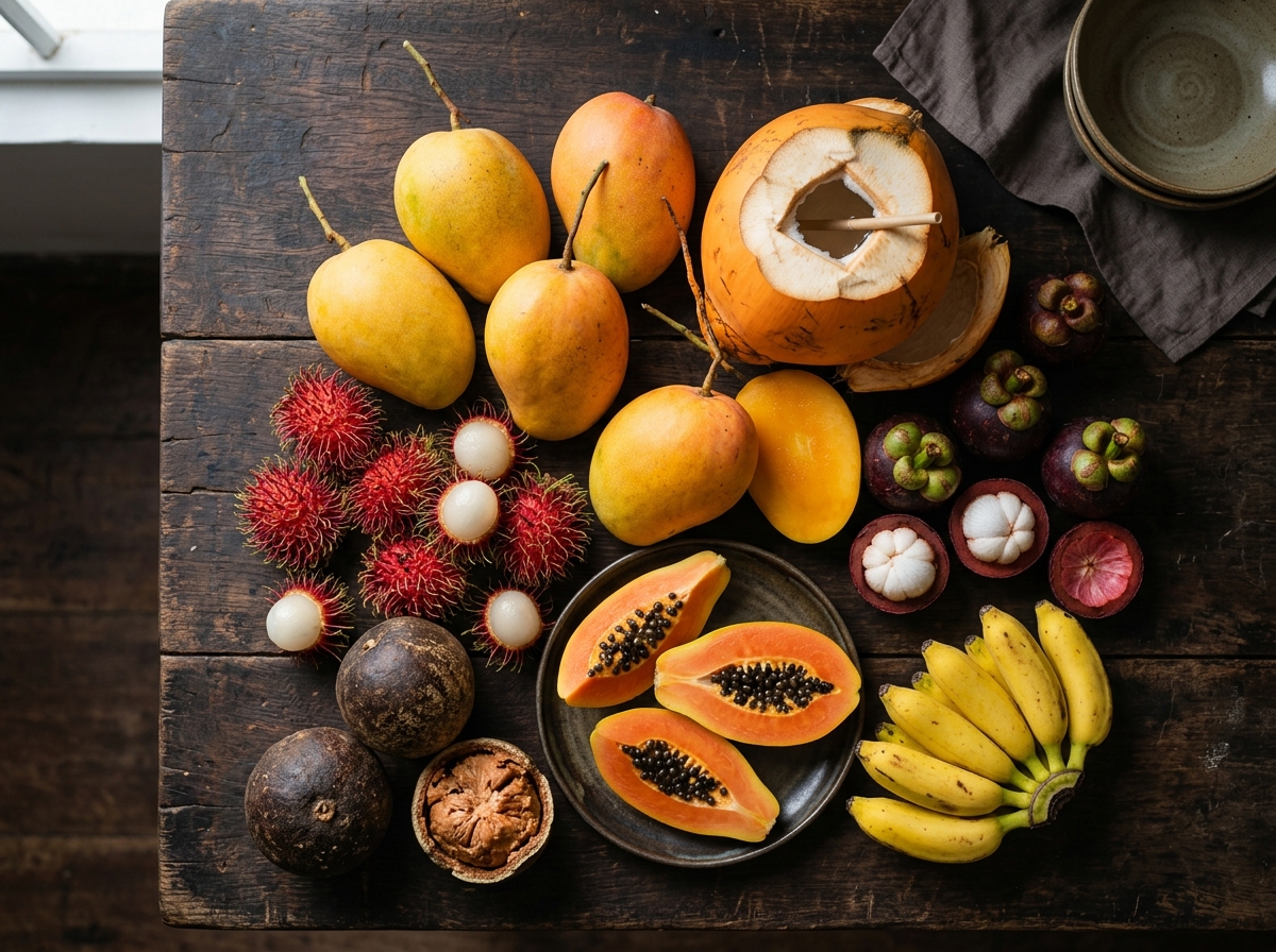 Sri Lankan fruits — mango, rambutan, mangosteen, papaya, banana, king coconut