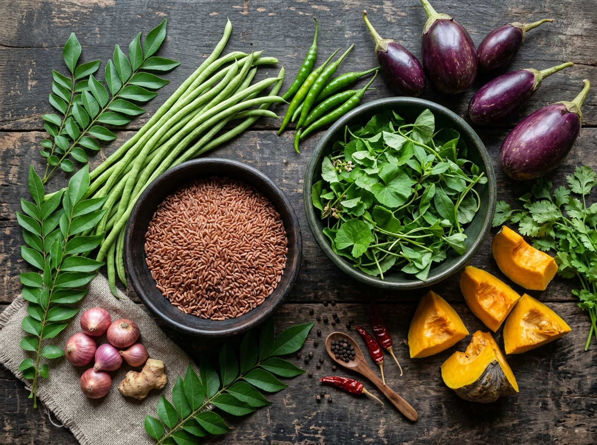 Sri Lankan vegetables and grains — red rice, leafy greens, long beans, brinjal, chilies