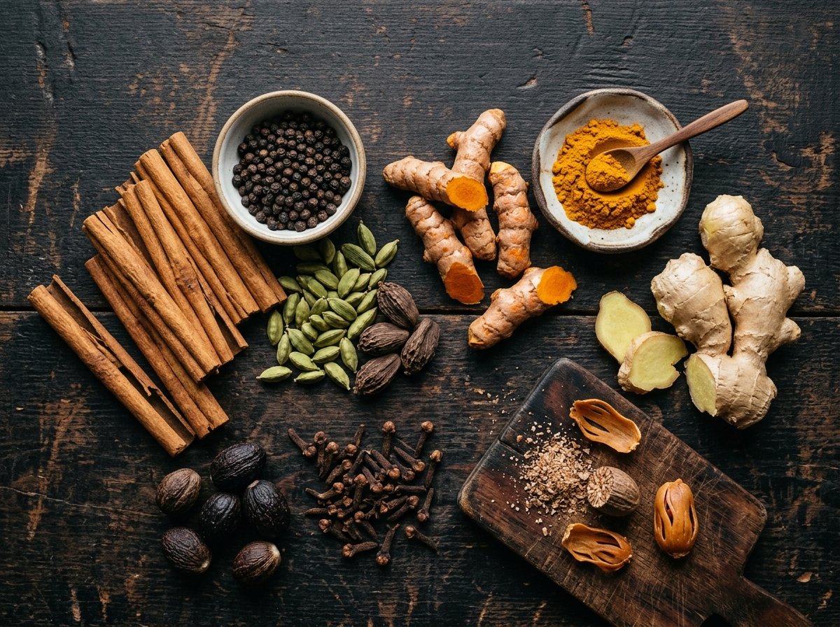 Sri Lankan spices — cinnamon, pepper, cardamom, turmeric, ginger, cloves, nutmeg